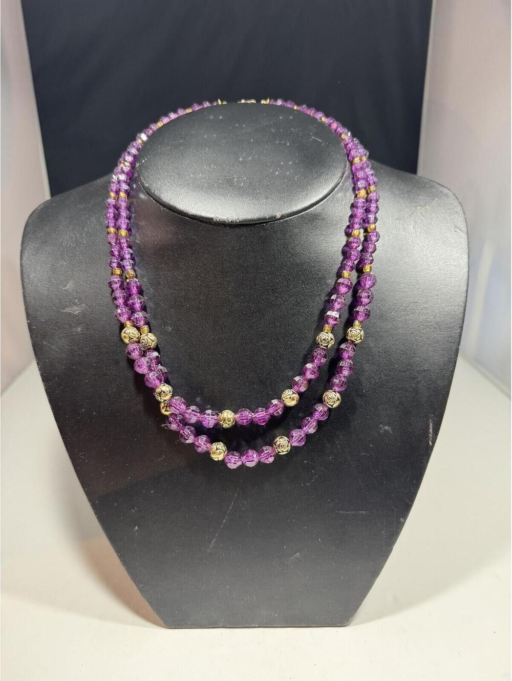 Elegant Purple Faceted Bead Double Strand Necklace with Gold Tone Rose Accents